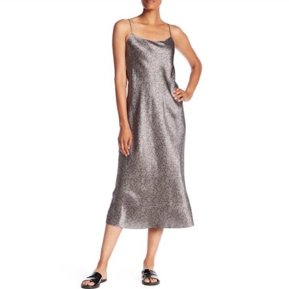 Vince 100% Silk Gray Floral Satin Slip Dress Size L